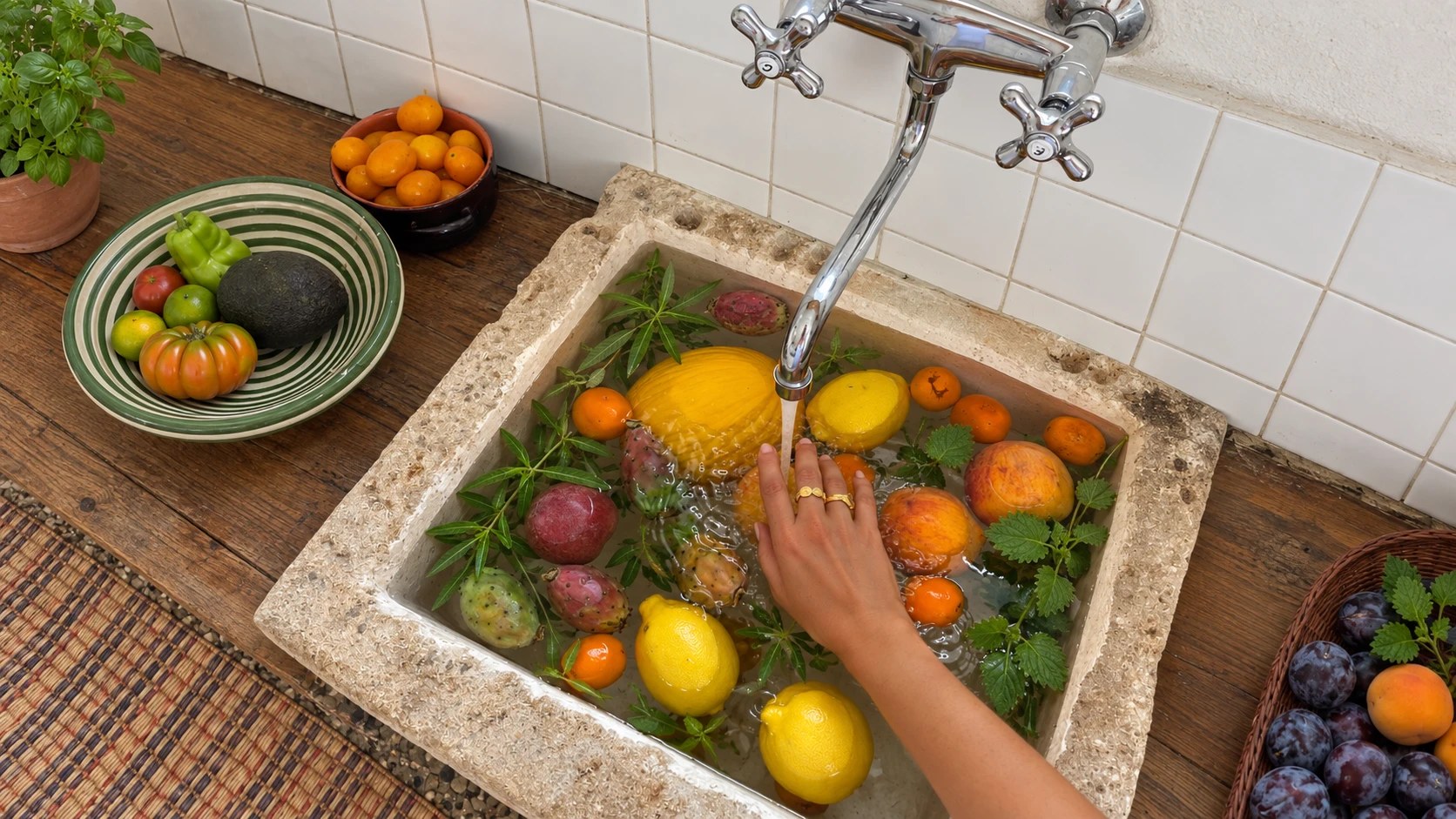 A hand swirling water in an old stone sink full of lemons, oranges, prickly pears and fresh herbs under a running brass tap, with a bowl of tomatoes and avocado on the wooden counter