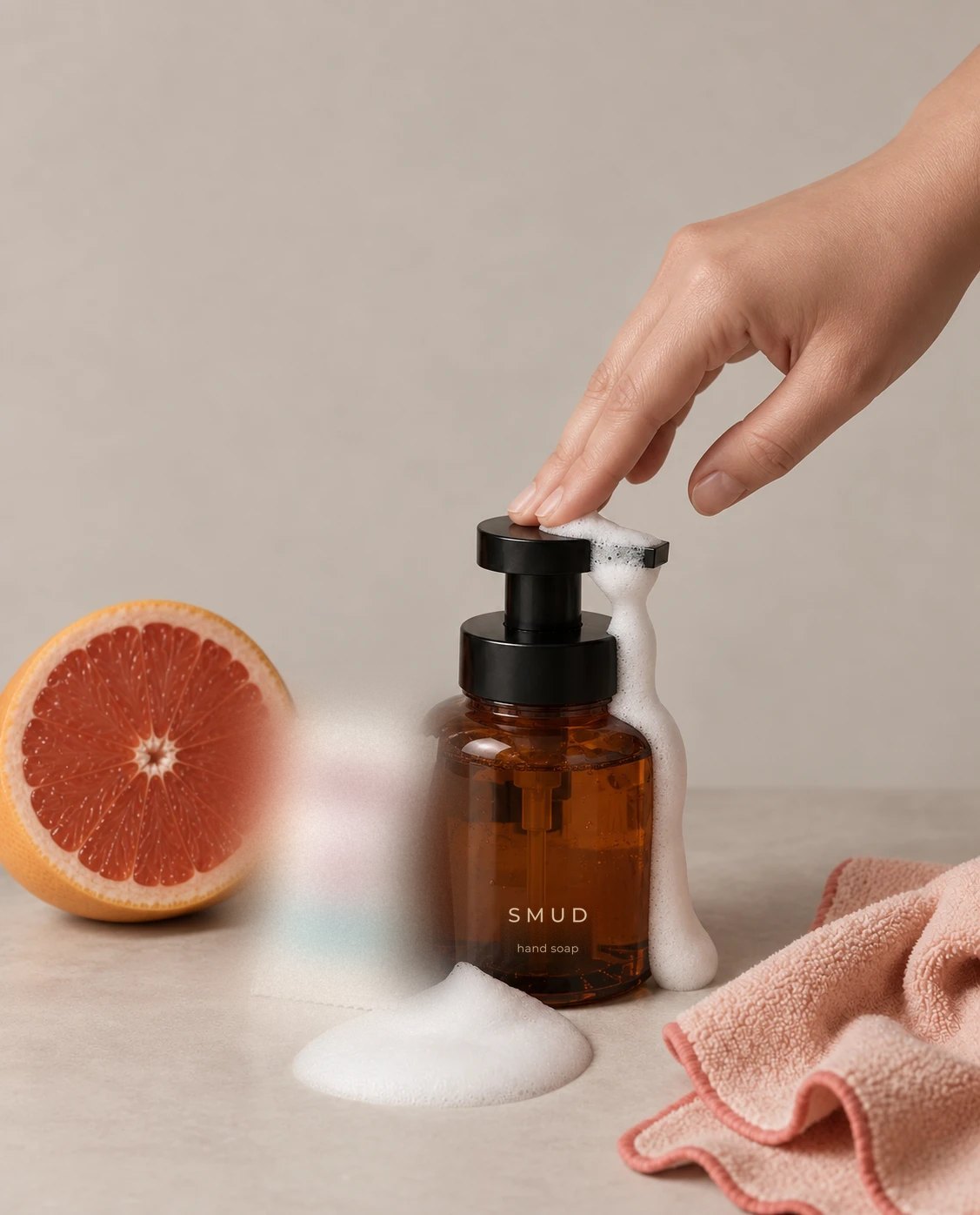 A fingertip pressing the SMUD hand soap foam pump, foam running down the side, next to half a grapefruit and a pink towel